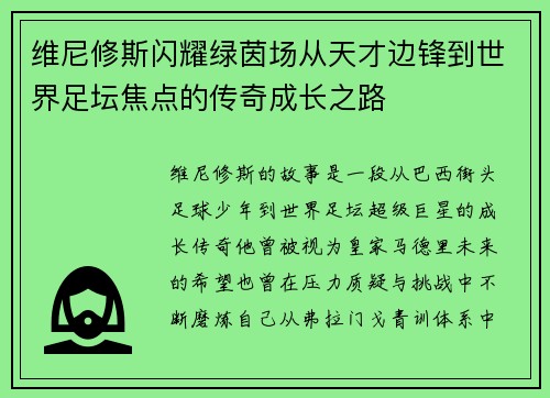 维尼修斯闪耀绿茵场从天才边锋到世界足坛焦点的传奇成长之路 维尼修斯闪耀绿茵场从天才边锋到世界足坛焦点的传奇成长之路